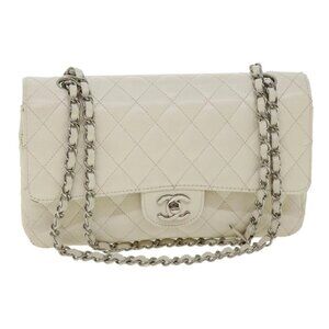 CHANEL Matelasse Double Flap Chain Shoulder Bag Grained Calf Skin White CC A...